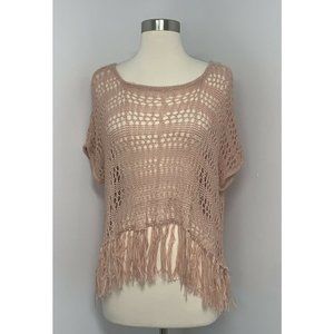 Lapis Womens Open Knit Sweater One Size Pale Pink Casual Popover Fringe Boho